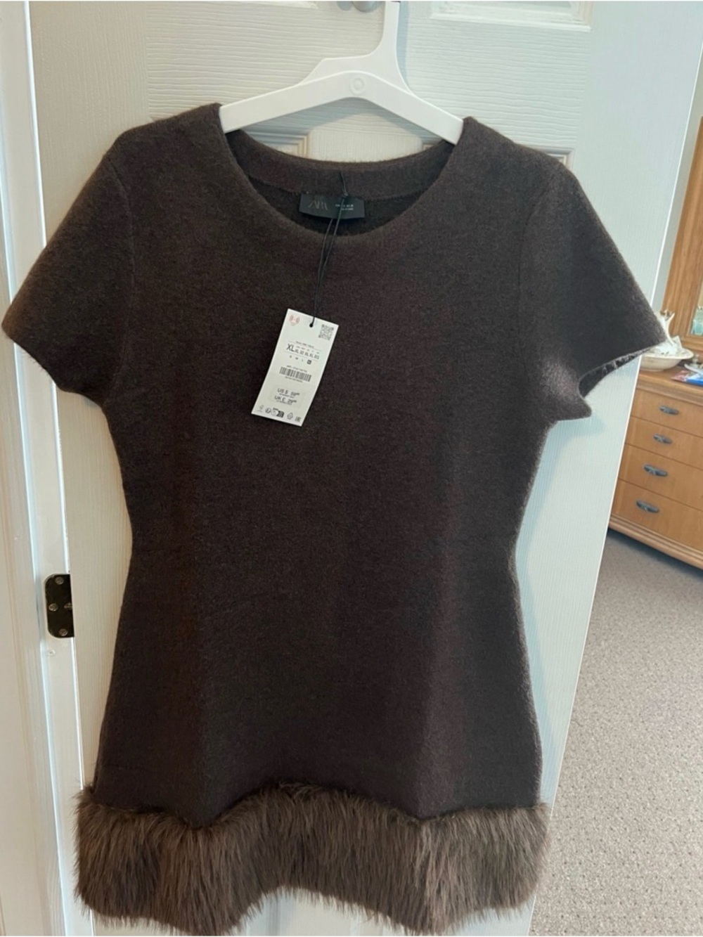 Zara Dark Brown Short-Sleeve Knit mini dress with Fur Hem